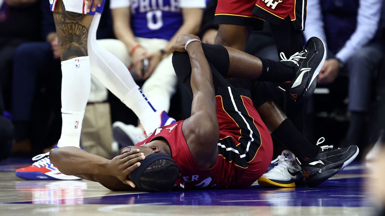 Read more about the article Heat’s Jimmy Butler injures knee in play-in loss, set for MRI